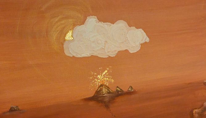 Œuvre Originale, Acrylique texturé et feuilles d'or sur toile .
Volcan en éruption dans un paysage terracotta