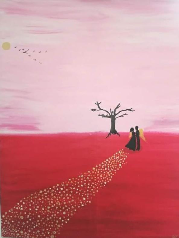 Œuvre Originale, Acrylique sur toile
Silhouette d'un couple aux ailes d'or dans un paysage rose