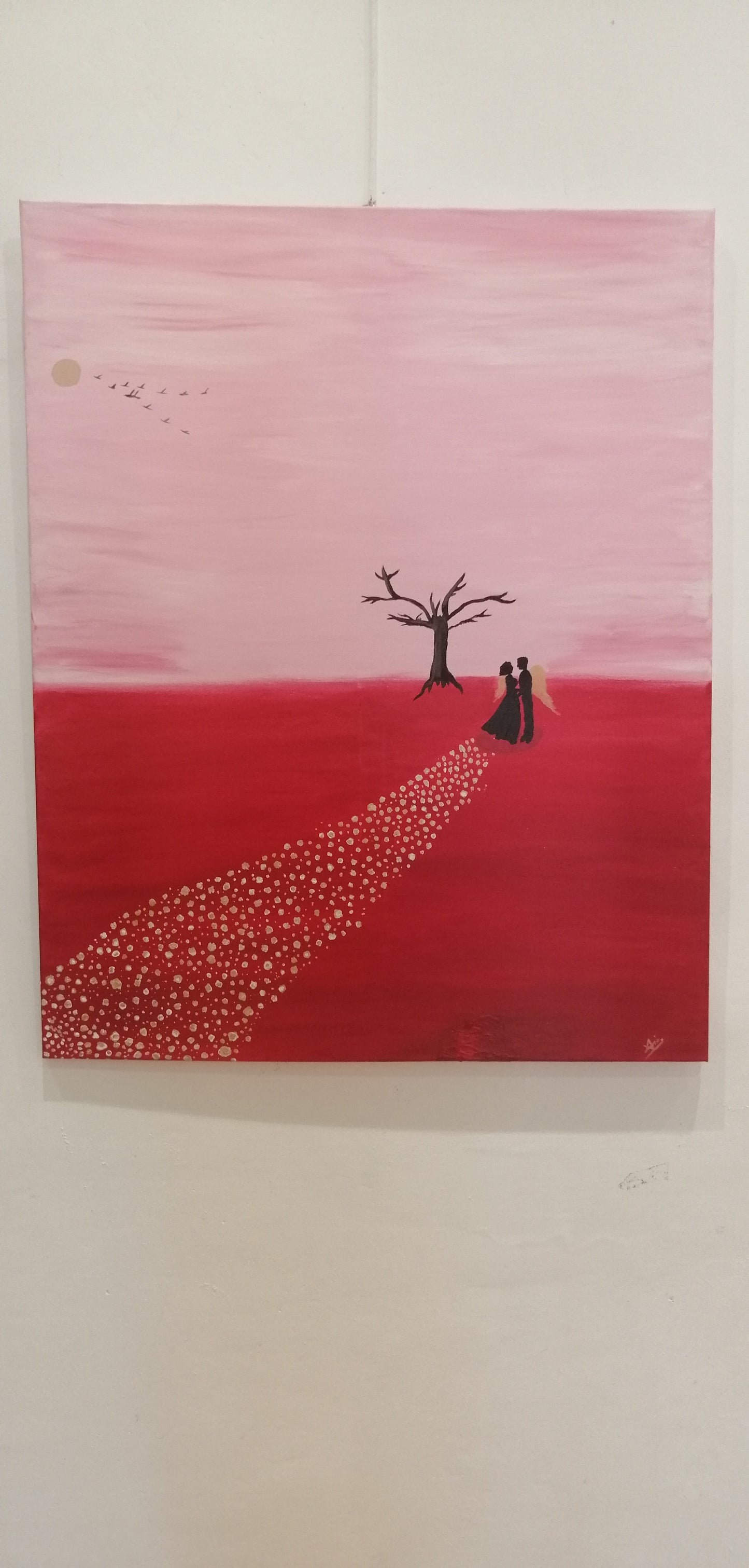 Œuvre Originale, Acrylique sur toile
Silhouette d'un couple aux ailes d'or dans un paysage rose
