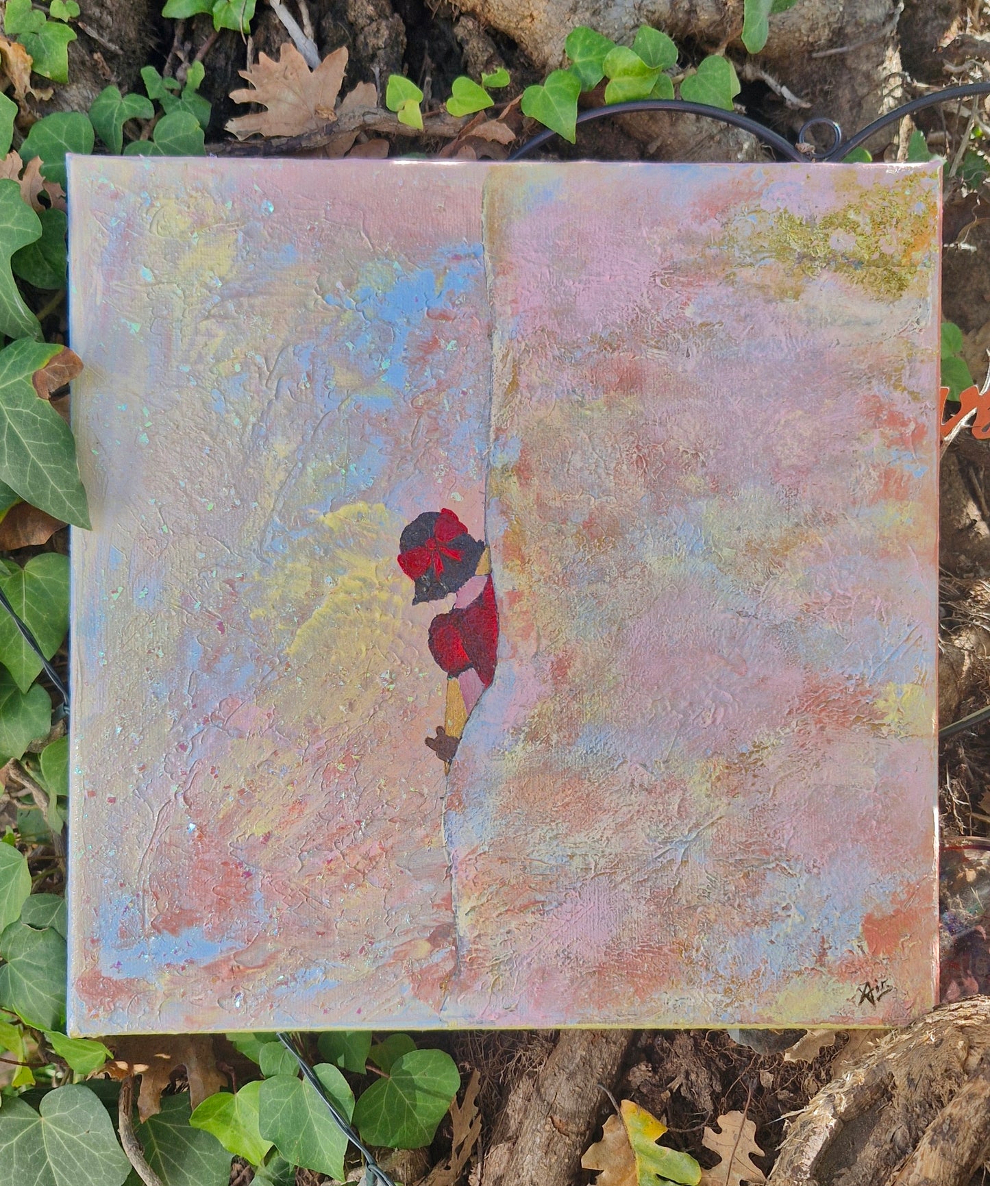 Œuvre Originale, Acrylique sur toile
Petite fille en rouge dans un fond pastel