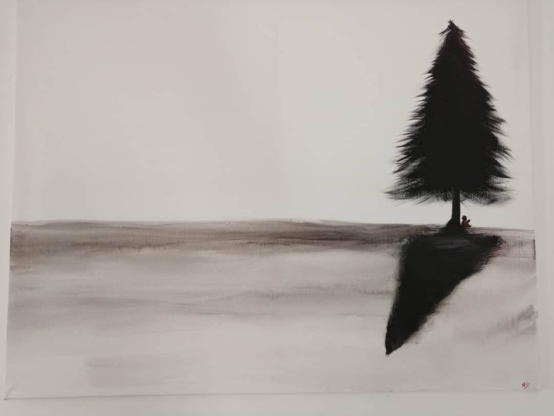 Œuvre Originale, Acrylique sur toile
Petite fille en rouge lisant sous un arbre