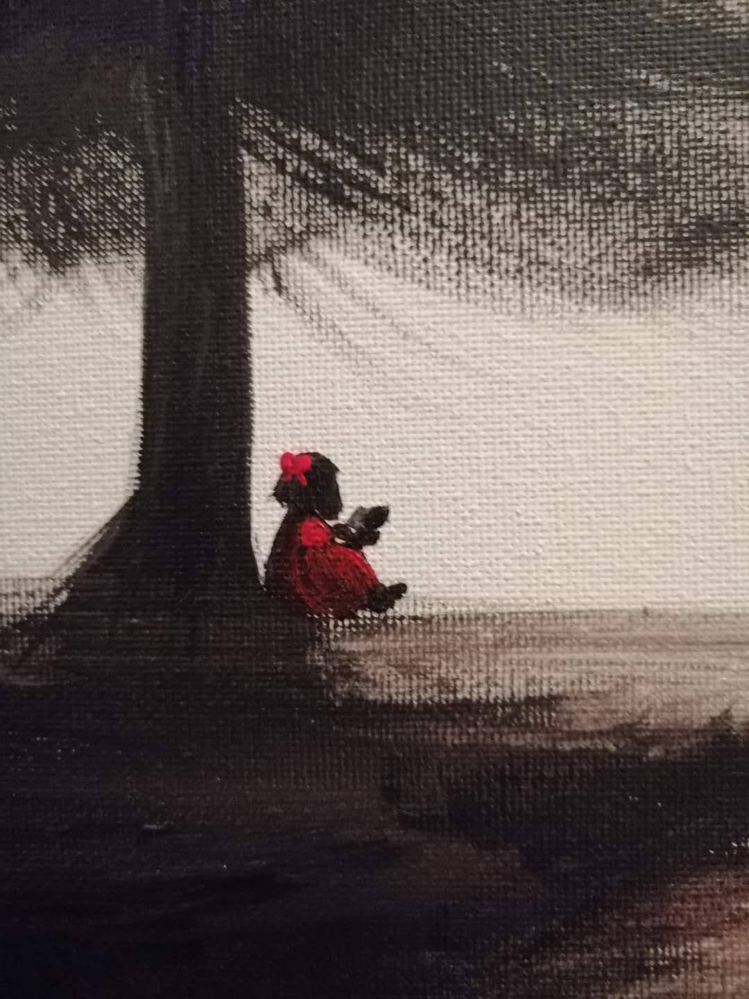 Œuvre Originale, Acrylique sur toile
Petite fille en rouge lisant sous un arbre