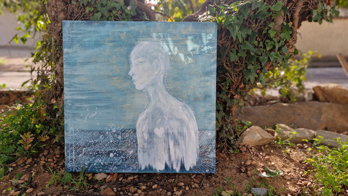 Œuvre Originale, Acrylique sur toile
Entité sur fond bleu
Dimension 70x70 cm
Univers est une célébration de l'unité de tous les êtres et de la puissance de la gratitude, la manifestation, il rayonne d'une lumière intérieure, symbolisant notre capacité à co-créer notre réalité.