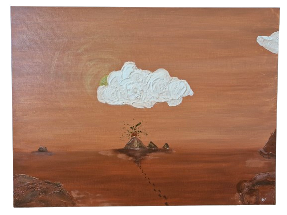 Œuvre Originale, Acrylique texturé et feuilles d'or sur toile .
Volcan en éruption dans un paysage terracotta