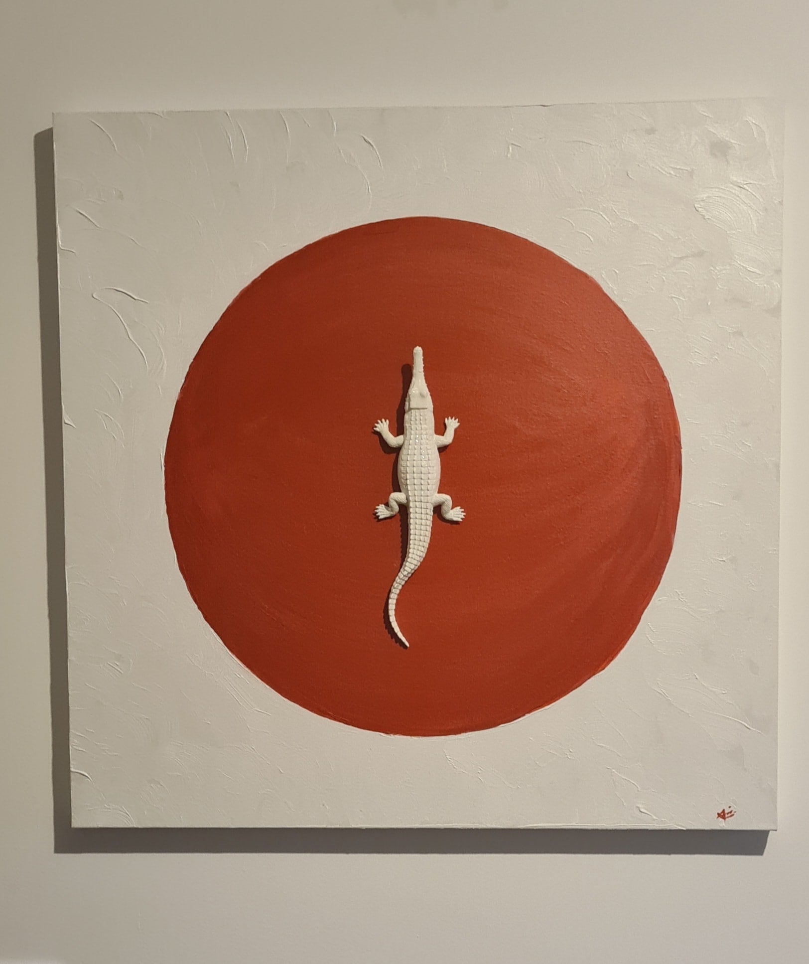 Œuvre Originale, technique mixte sur toile .
Crocodile dans cercle rouge