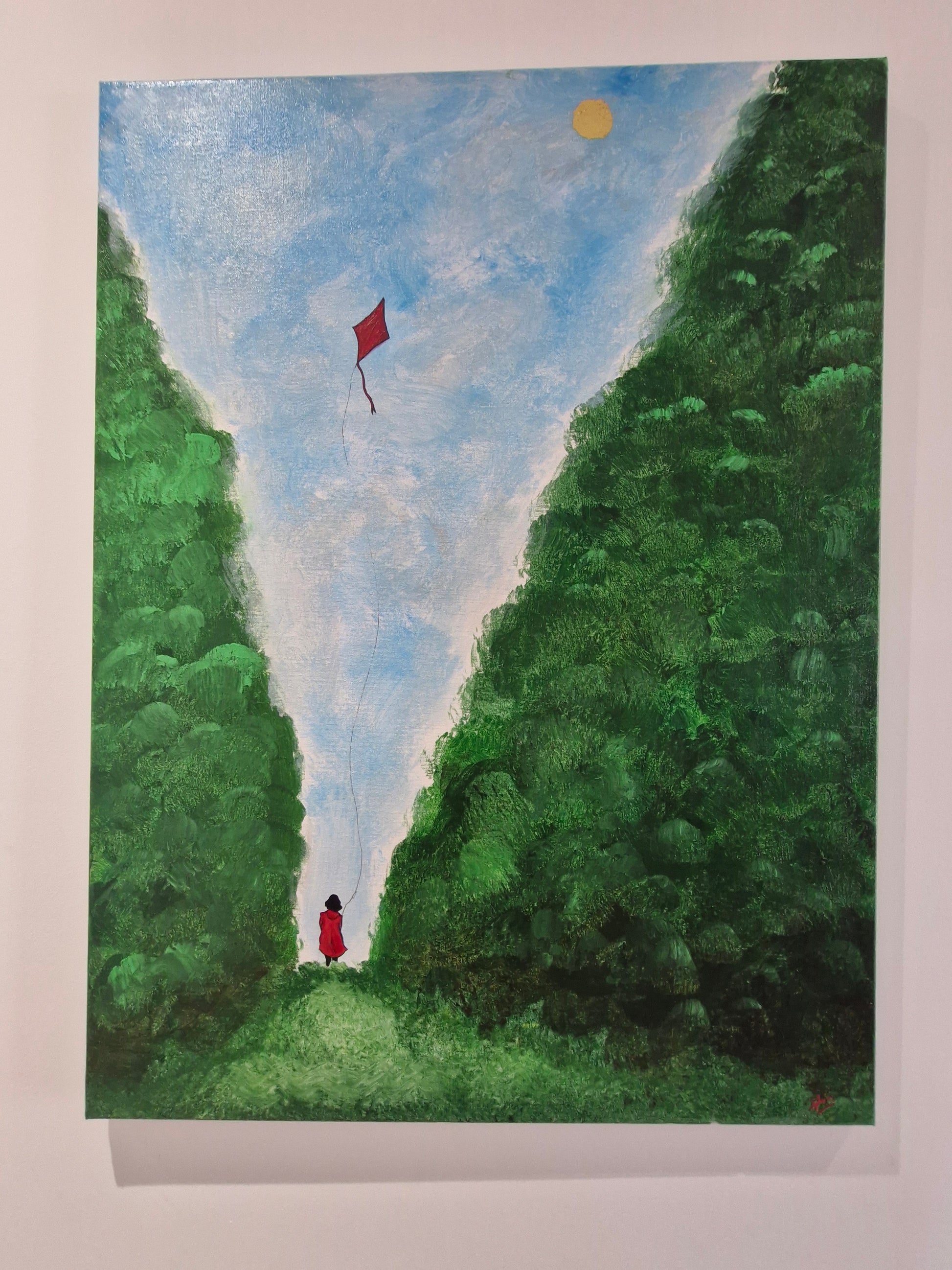 Œuvre Originale, Acrylique sur toile 
Petite fille en rouge et cerf-volant