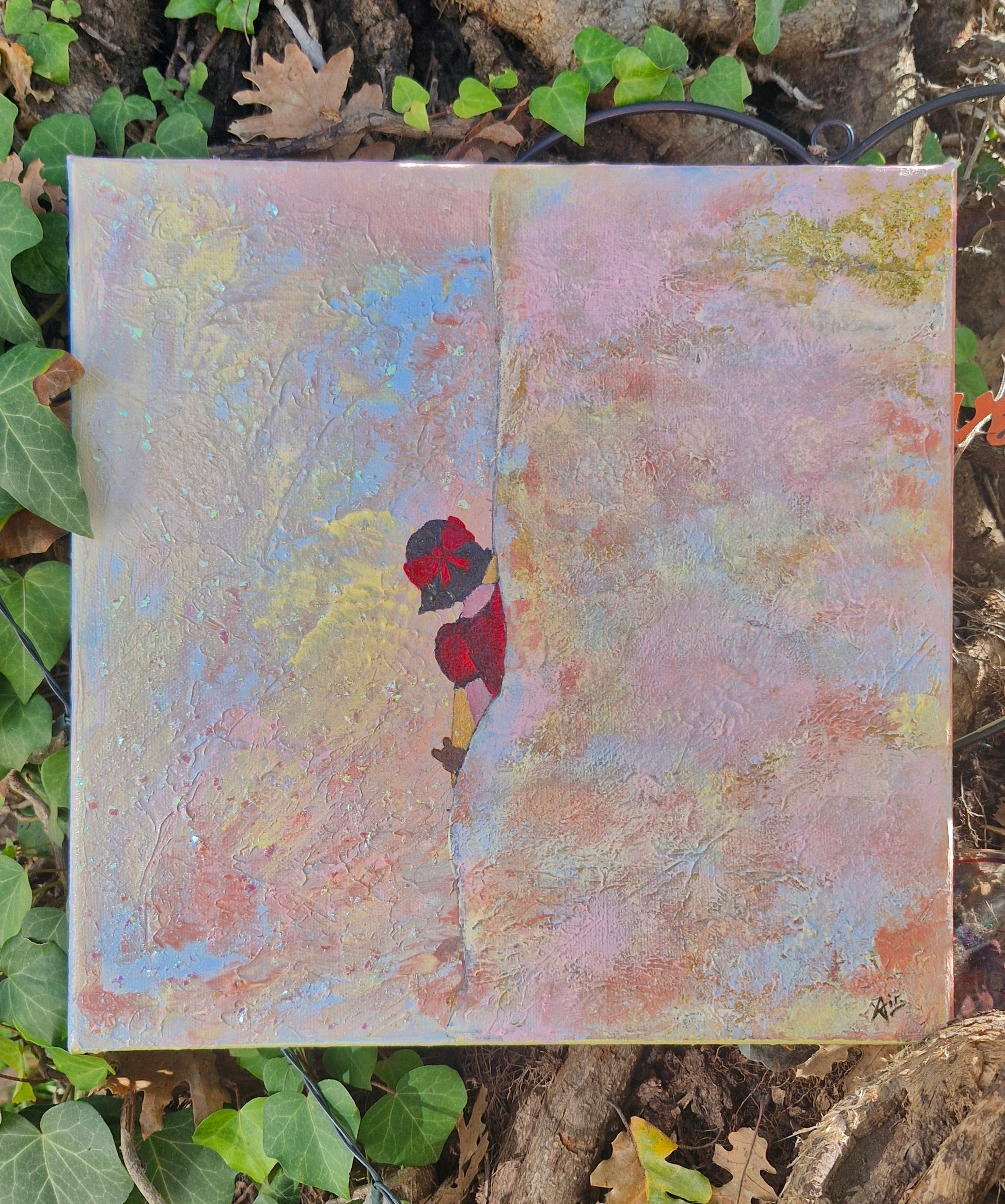 Œuvre Originale, Acrylique sur toile 
Petite fille en rouge dans un fond pastel